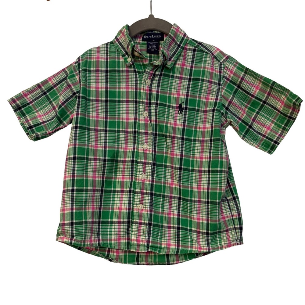 Ralph Lauren Toddler Boys Green Pink Plaid Short Sleeve Button Down Shirt 3T